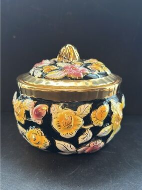 Decorative Floral Ceramic Jar with Gold Accents - Black and Yellow